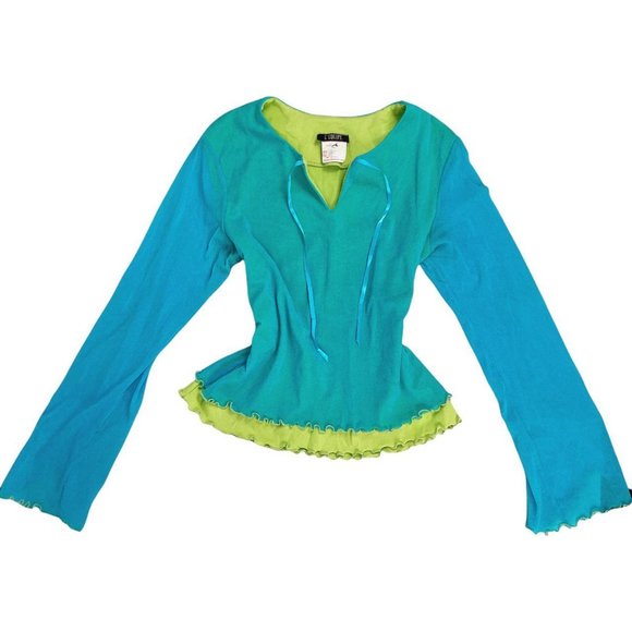 🍓VINTAGE 90s BLUE AND GREEN TOP WITH FLARED SLEEVES🍓 - Picture 1 of 4